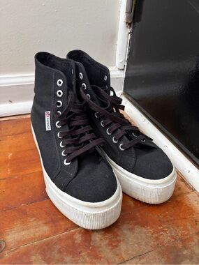 Superga Black High-Top Canvas Sneakers with White Sole